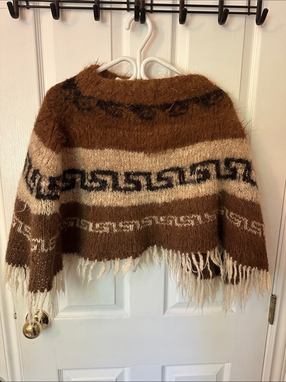 Fringed Brown & Cream Patterned Mohair-Style Poncho Shrug